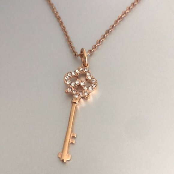 Rose Gold Plated Necklace w Key Charm Pendant  W Cubic Zirconia Stones - Picture 1 of 13